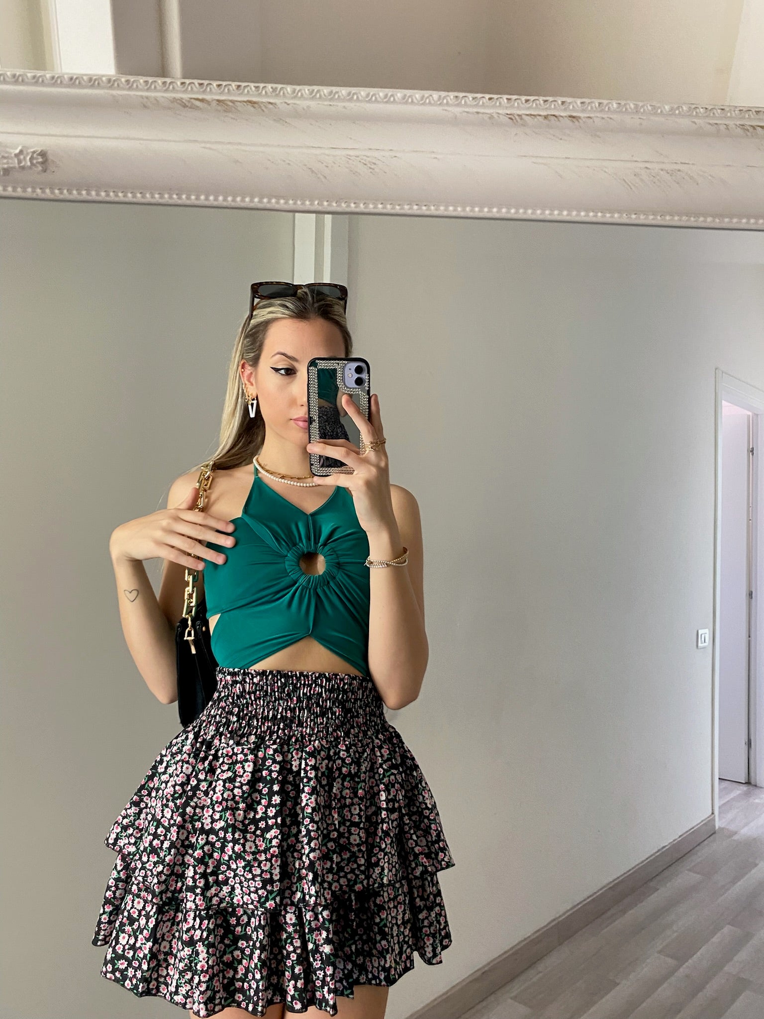 Gonna a balze fiori Fuxia verde - R.a. Boutique 