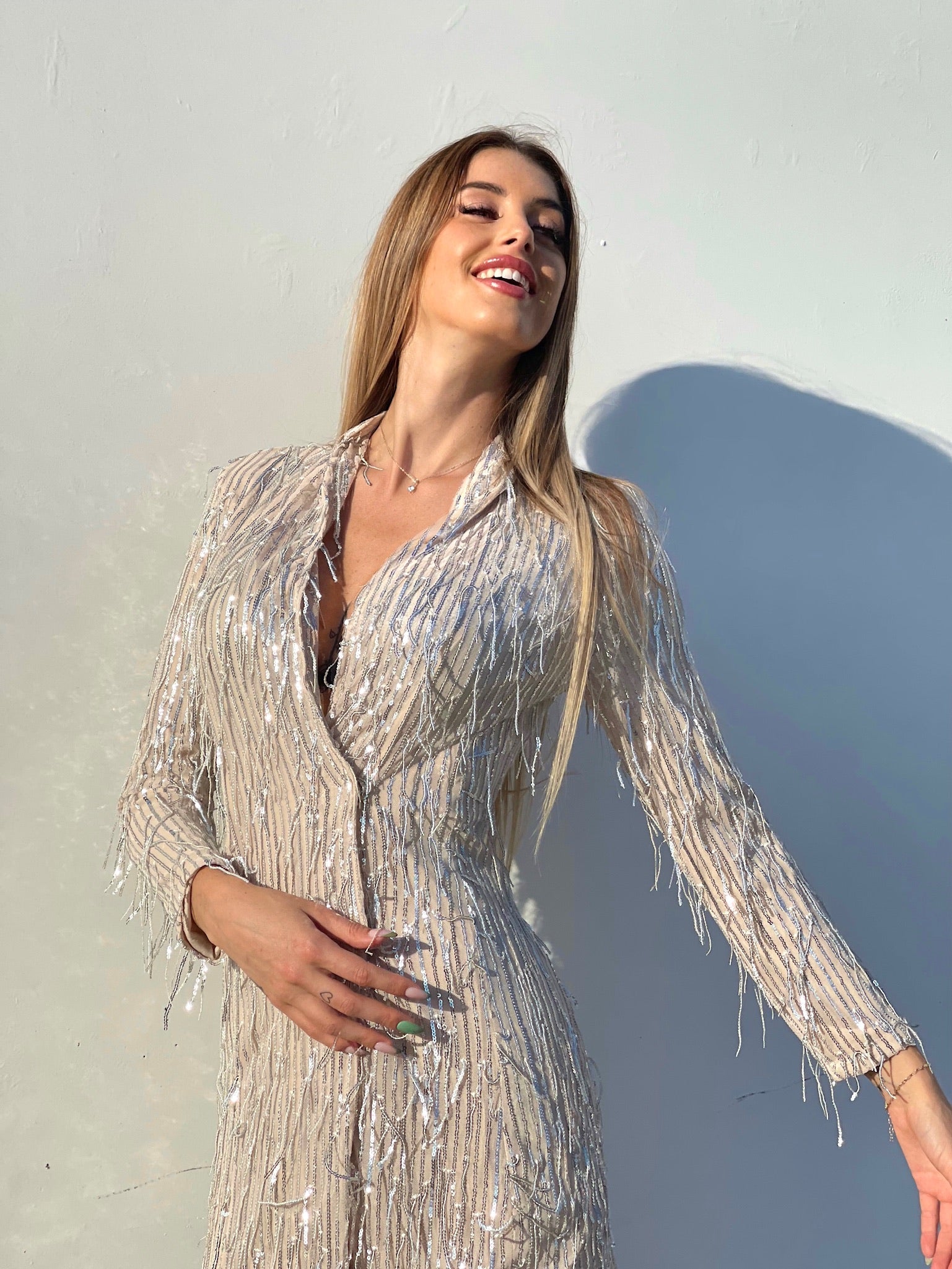 Abito nude frange in paillettes argento - R.a. Boutique 