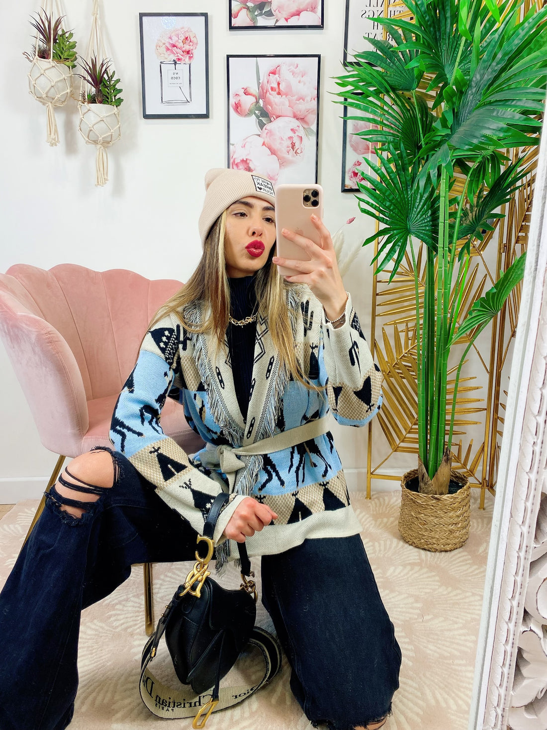 Cardigan frange e cinta con cavallo celeste corto - R.a. Boutique 