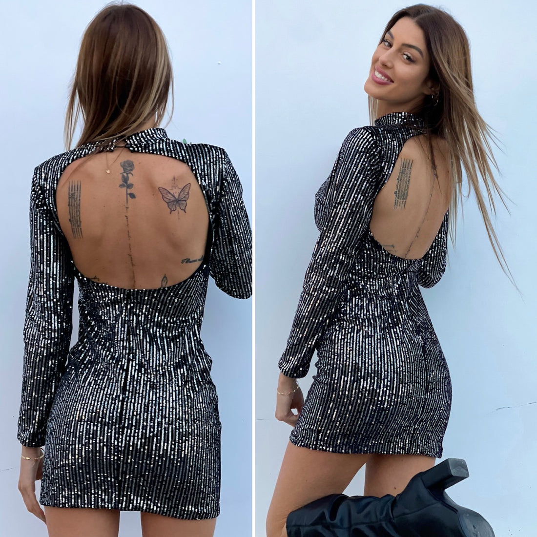 Abito schiena aperta in paillettes argento - R.a. Boutique 