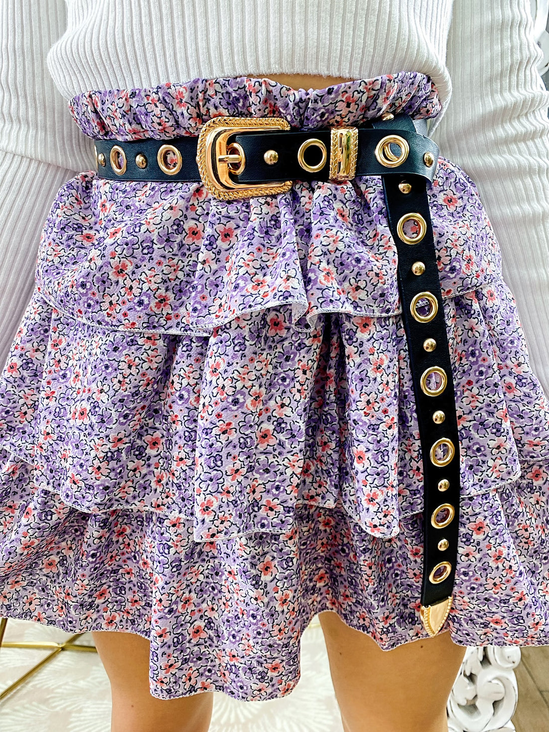 Gonna a balze con fiorellini viola - R.a. Boutique 