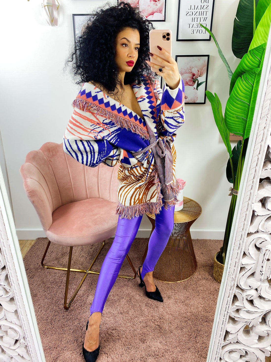 Cardigan frange e cinta viola arancio - R.a. Boutique 