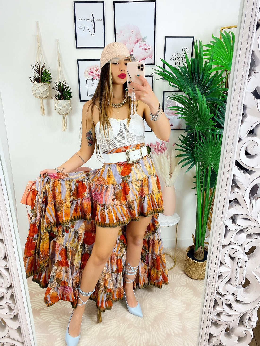 Gonna asimmetrica arancione fiori rossi - R.a. Boutique 