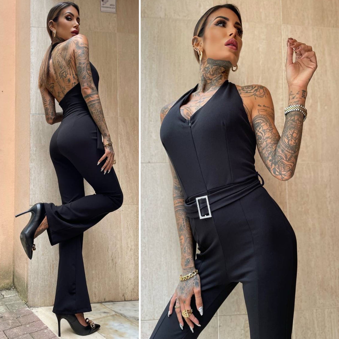 Tuta nera schiena aperta con cintura gioiello - R.a. Boutique 