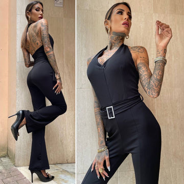 Tuta nera schiena aperta con cintura gioiello - R.a. Boutique 