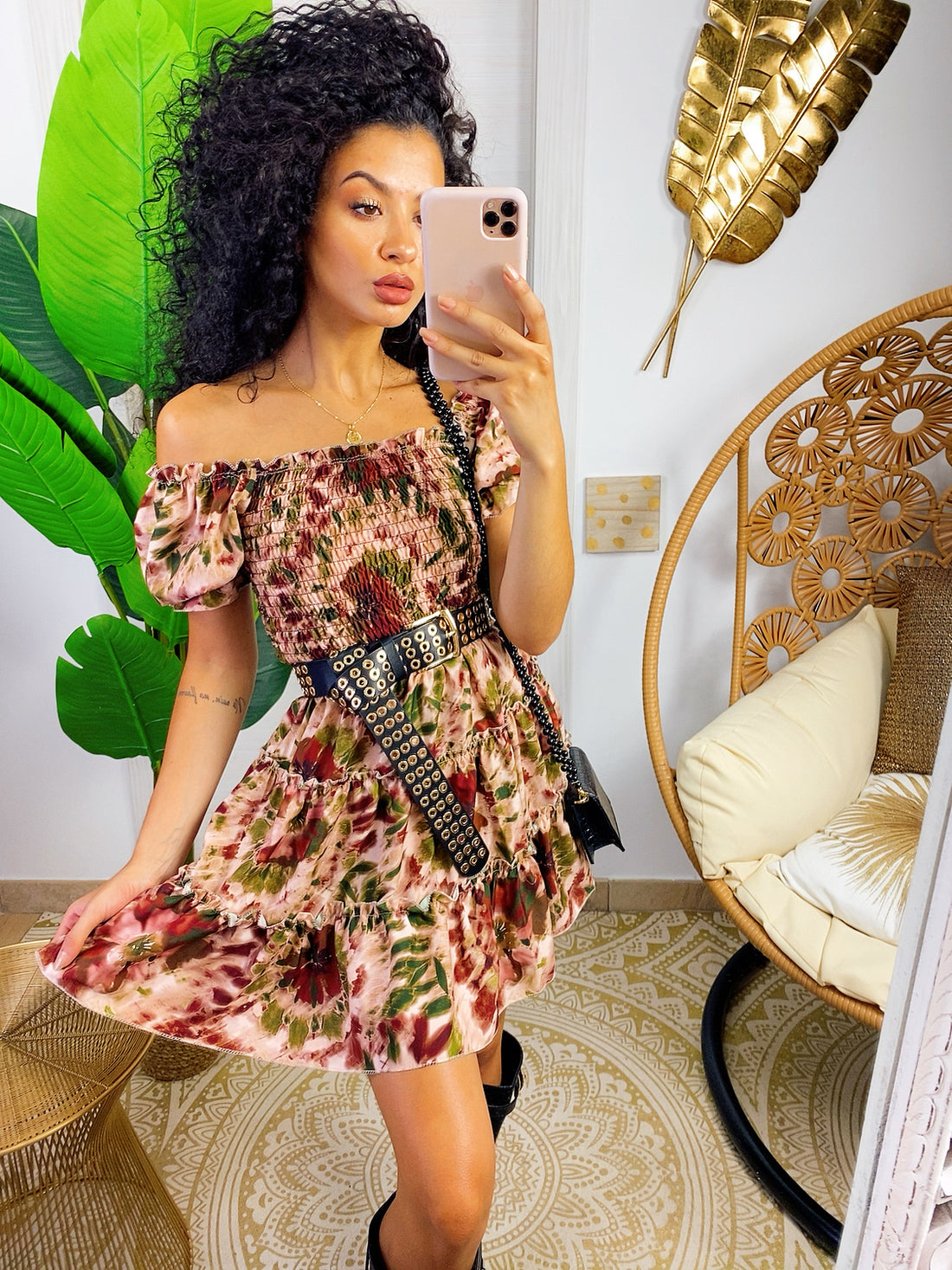 Abito a fiori nature con scollo a barchetta - R.a. Boutique 