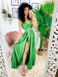 Abito in raso con maxi spacco verde chiaro - R.a. Boutique 