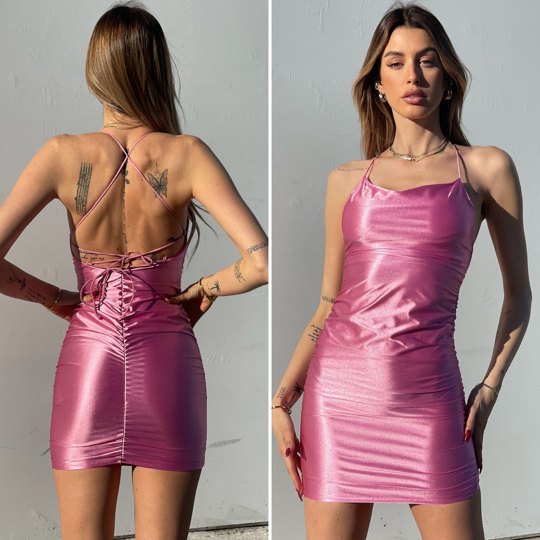 Abito in raso rosa schiena incrociata - R.a. Boutique 