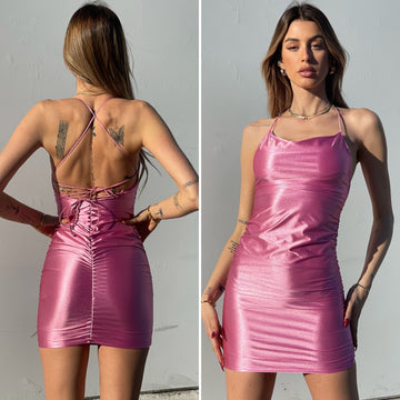 Abito in raso rosa schiena incrociata - R.a. Boutique 