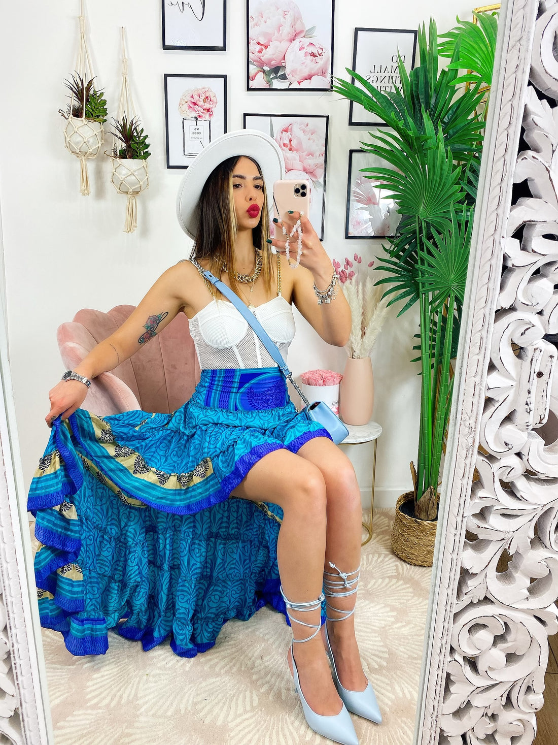 Gonna asimmetrica azzurra fascia beige - R.a. Boutique 