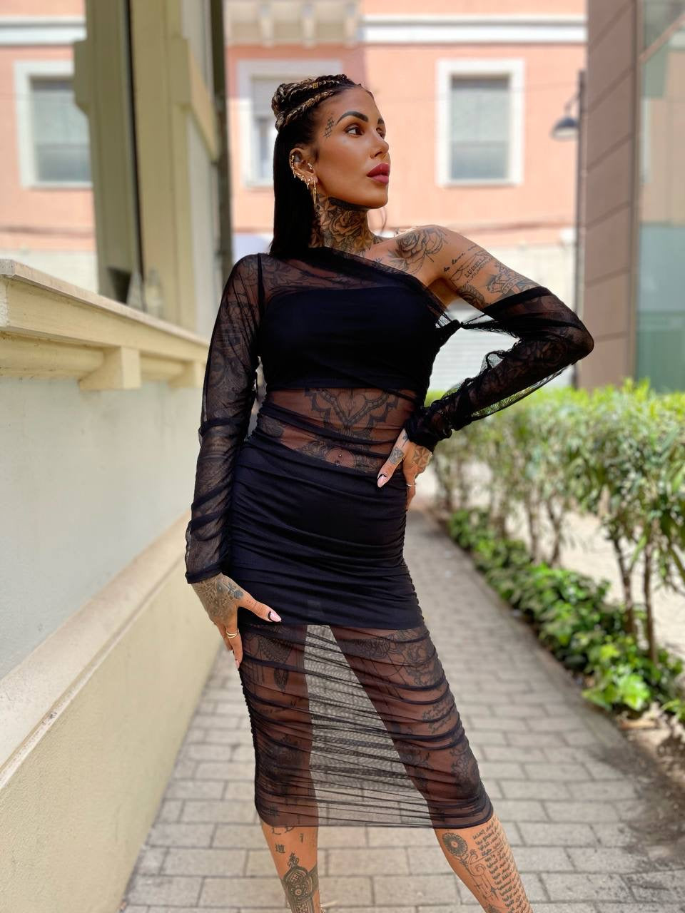 Abito lungo in velo con trasparenze - R.a. Boutique 