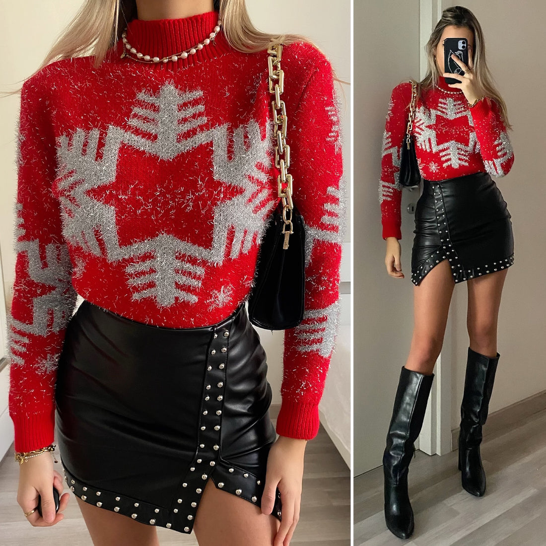 Maglione fiocco di neve rosso e argento - R.a. Boutique 
