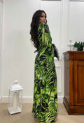 Abito con maxi spacco green con piume nere - R.a. Boutique 