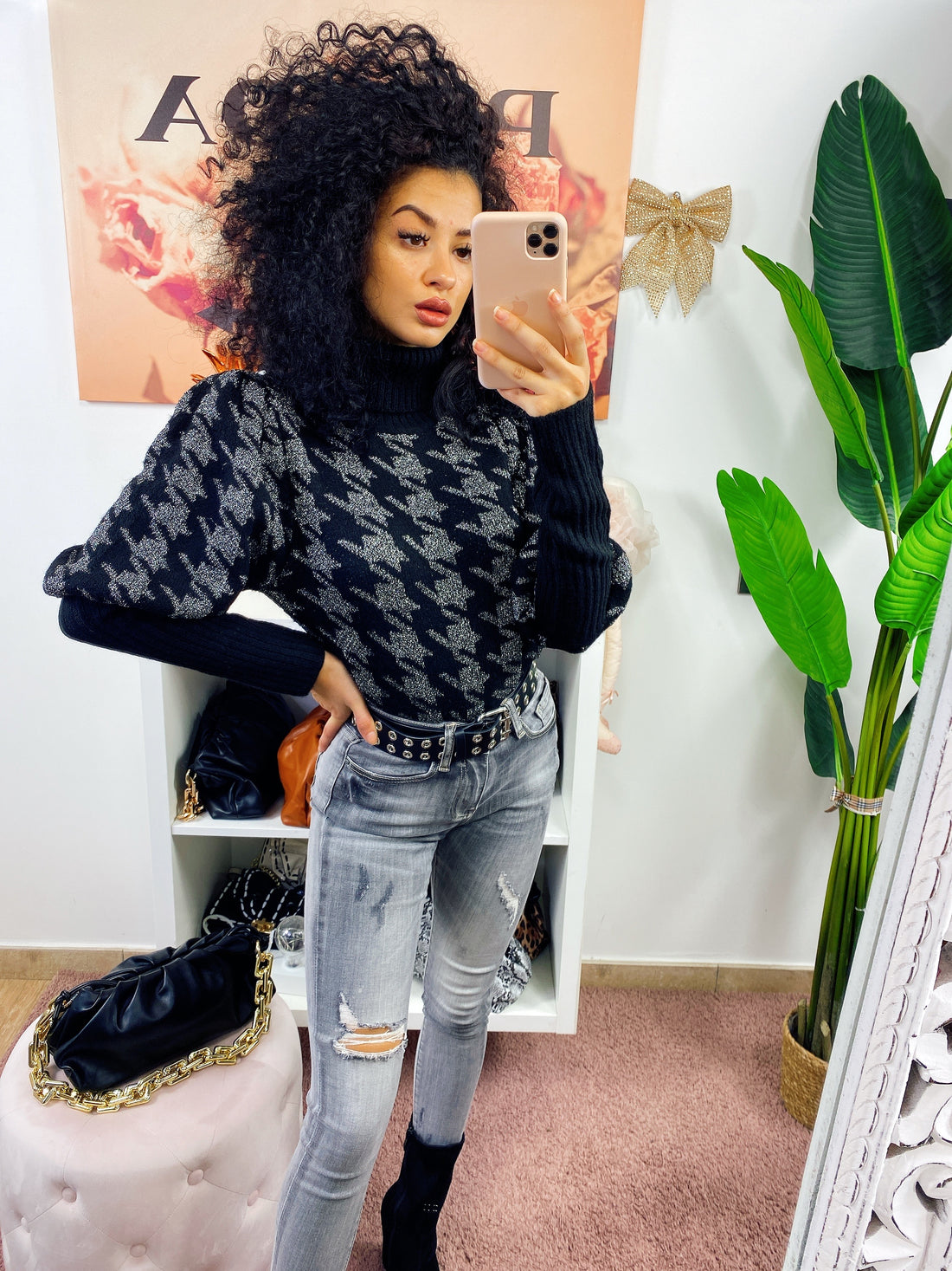 Maglione collo alto nero e argento - R.a. Boutique 