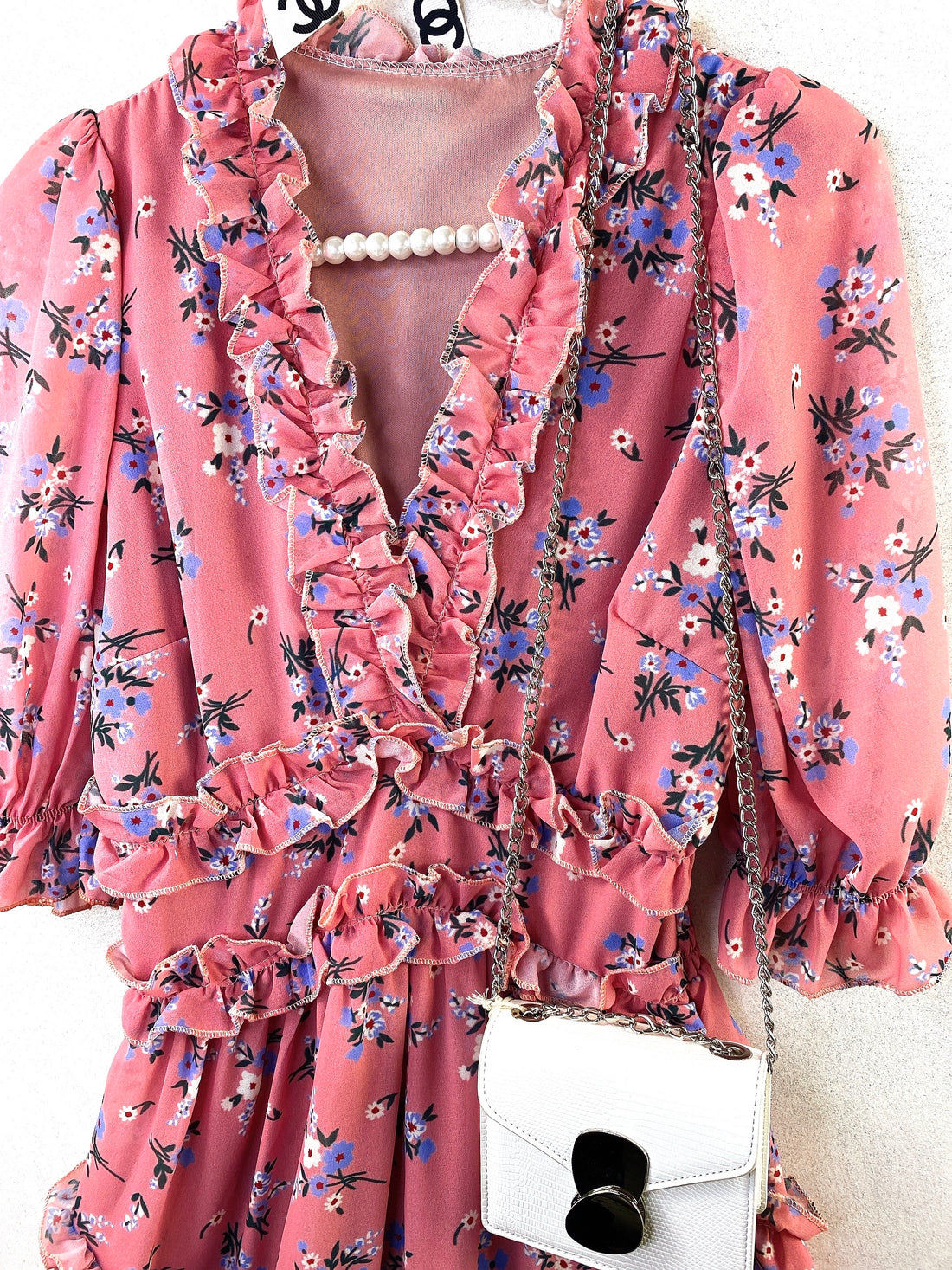 Abito a fiori con balza rosa - R.a. Boutique 