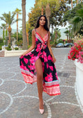 Abito in raso con maxi spacco fiori Fuxia - R.a. Boutique 