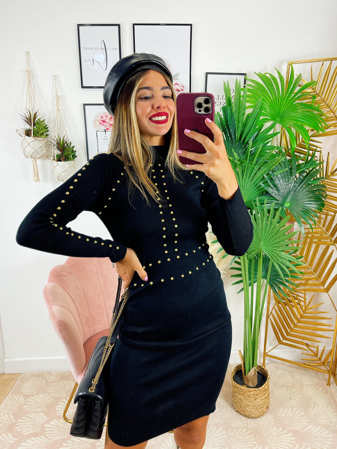 Abito in maglia con borchie oro base nera - R.a. Boutique 