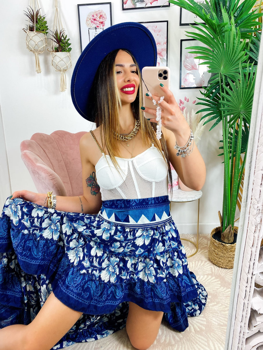 Gonna asimmetrica blu fiori celesti - R.a. Boutique 