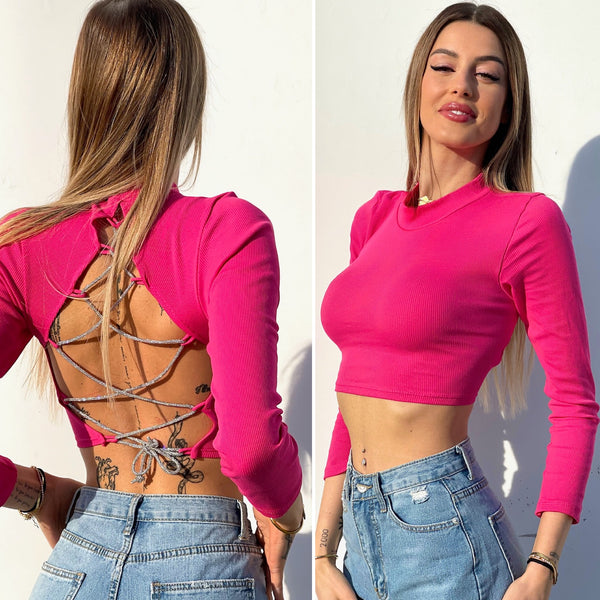 Maglioncino con lacci in strass Fuxia