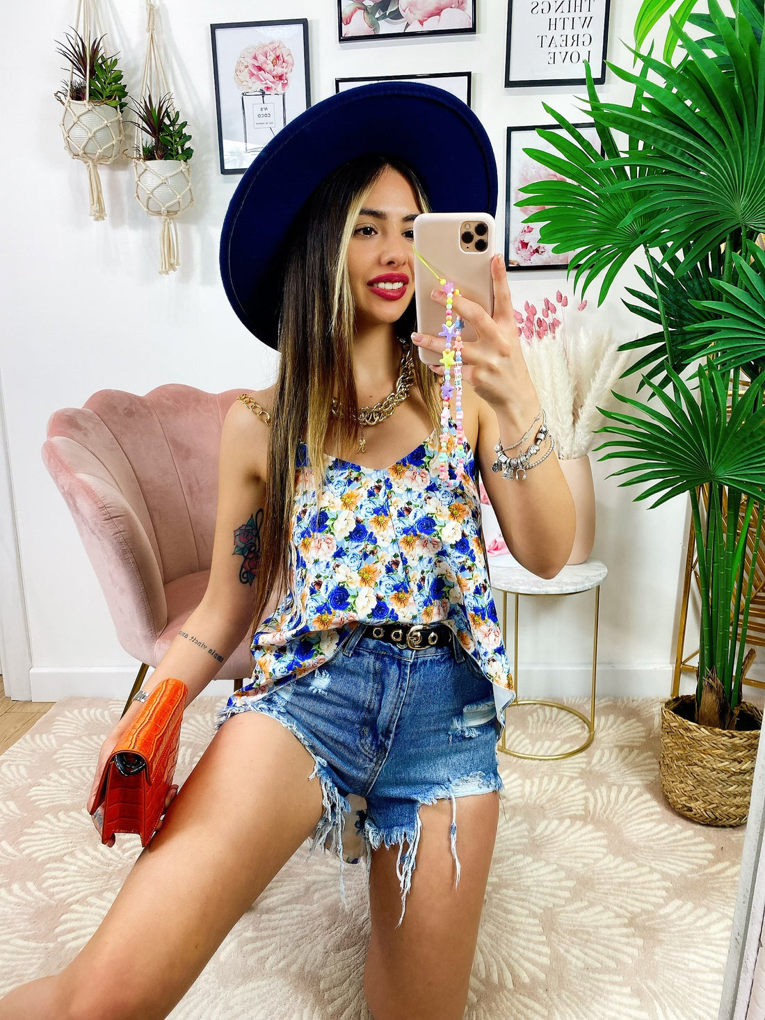 Maxi maglia floreale con catena dettagli blu - R.a. Boutique 