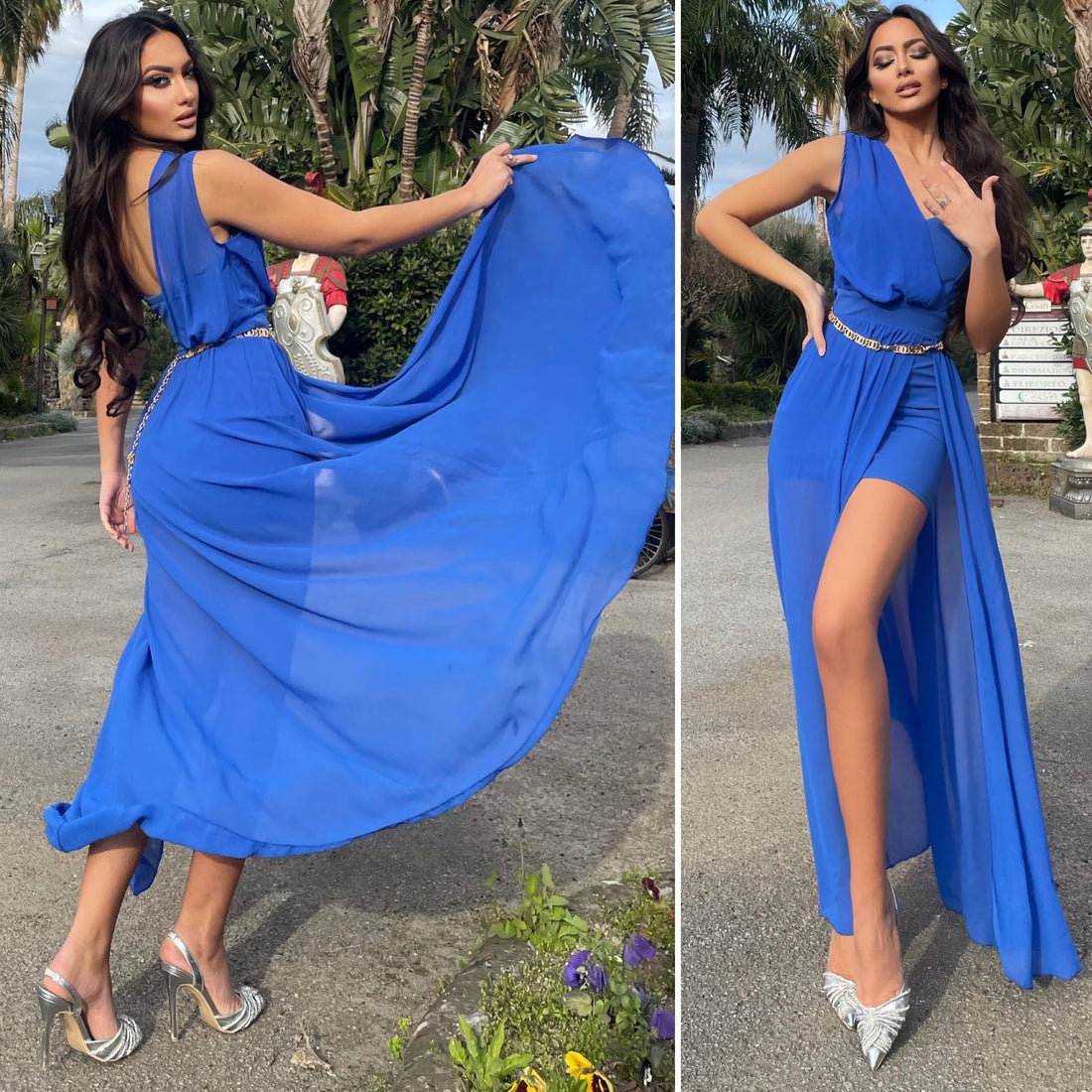 Abito lungo monospalla blu elettrico - R.a. Boutique 