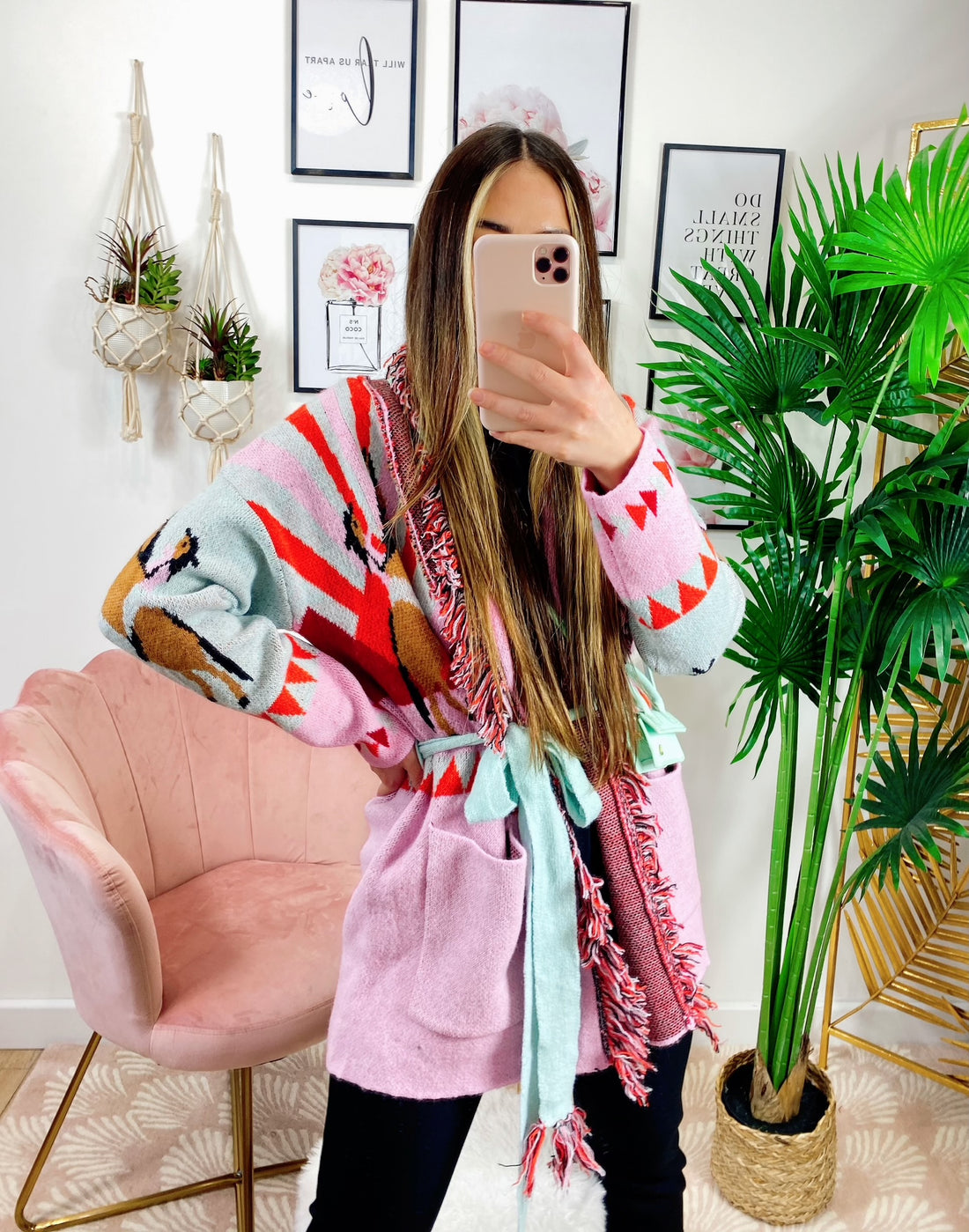 Cardigan con frange stampa cavallo Rosa - R.a. Boutique 