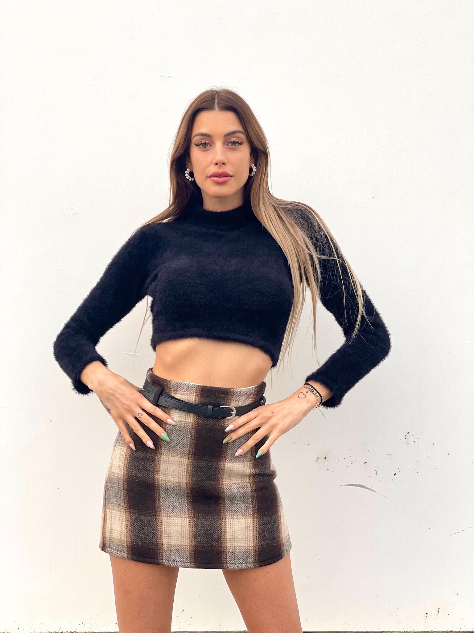 Gonna in tweed check brown - R.a. Boutique 