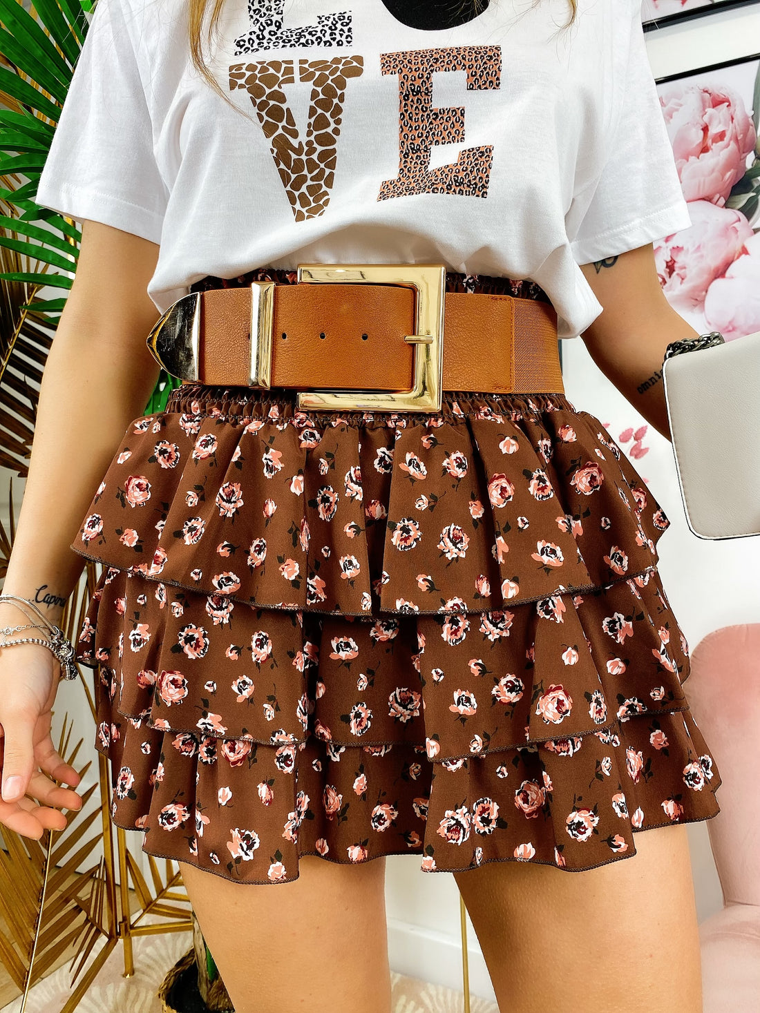 Gonna a balze marrone con fiori rosa - R.a. Boutique 