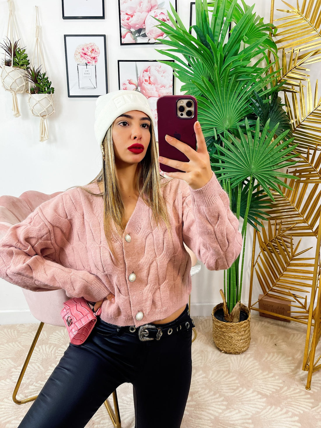 Maglione a trecce rosa, bottoni gioiello - R.a. Boutique 