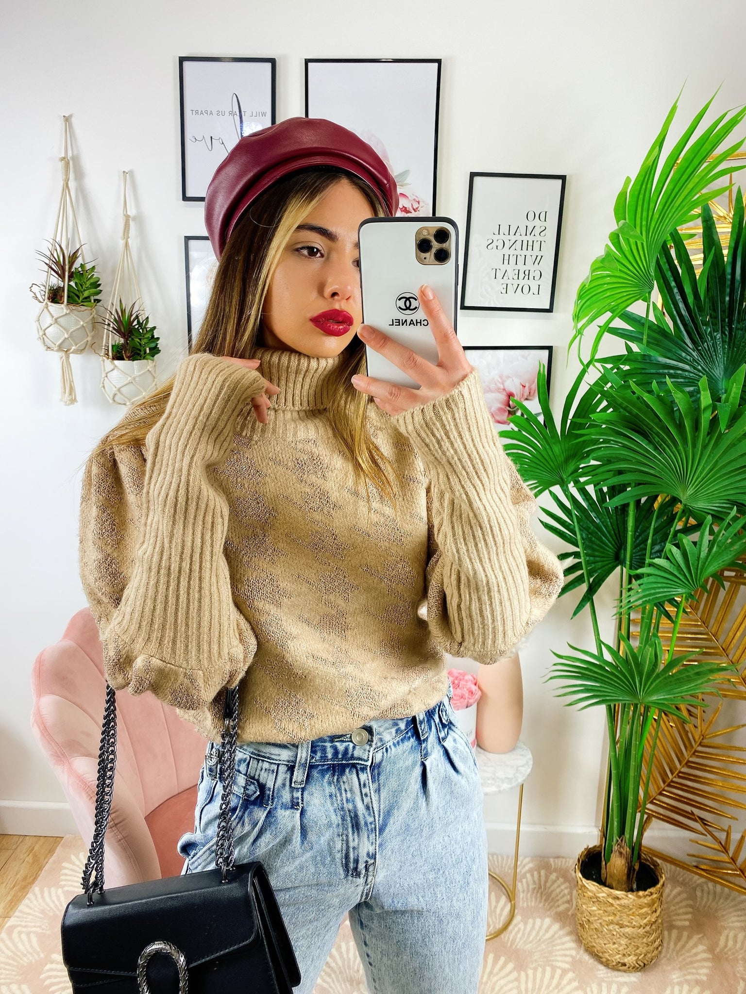 Maglione collo alto beige e oro - R.a. Boutique 