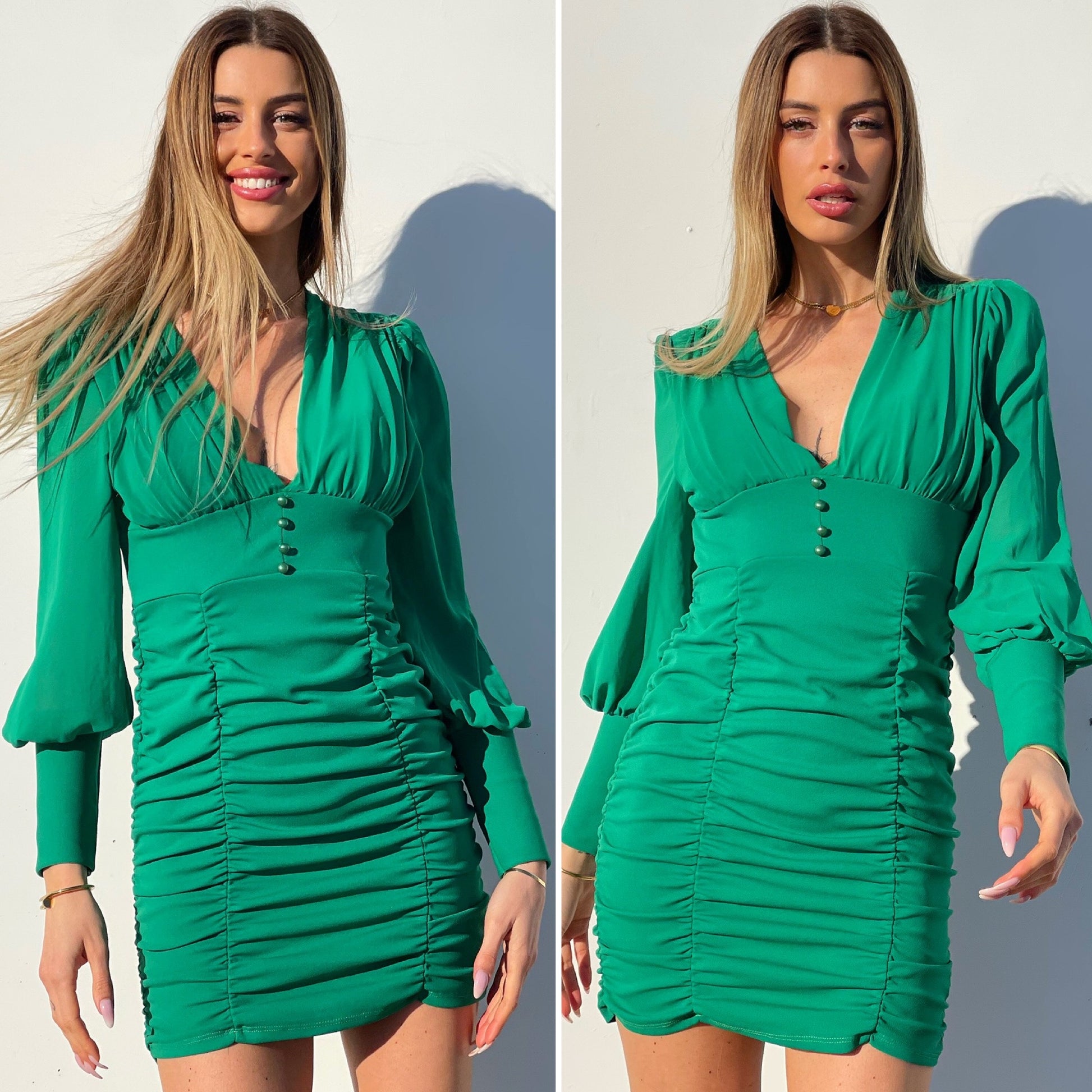 Abito verde smeraldo arricciato con bottoncini - R.a. Boutique 