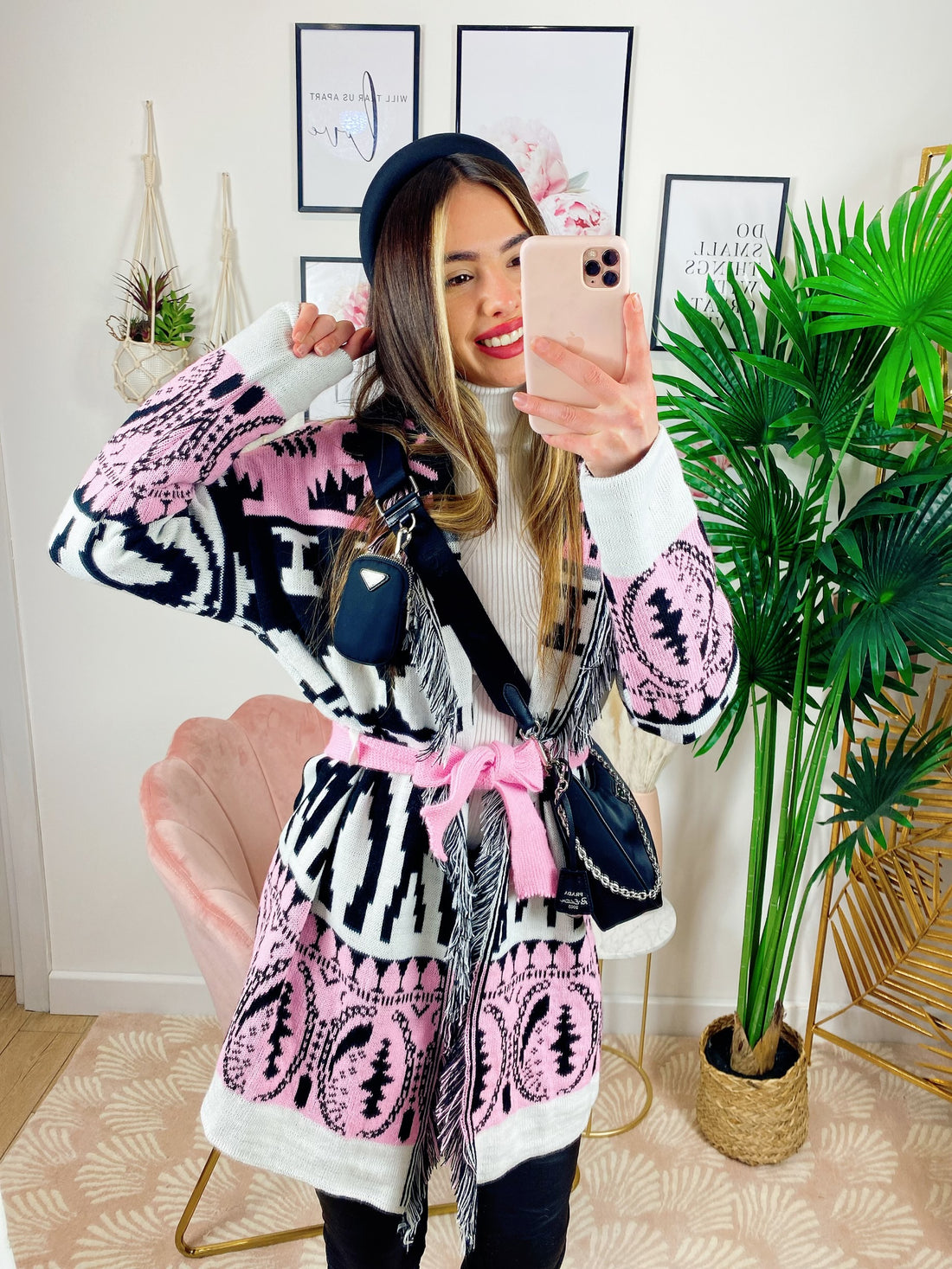 Cardigan Rosa Angel con frange e cinta - R.a. Boutique 