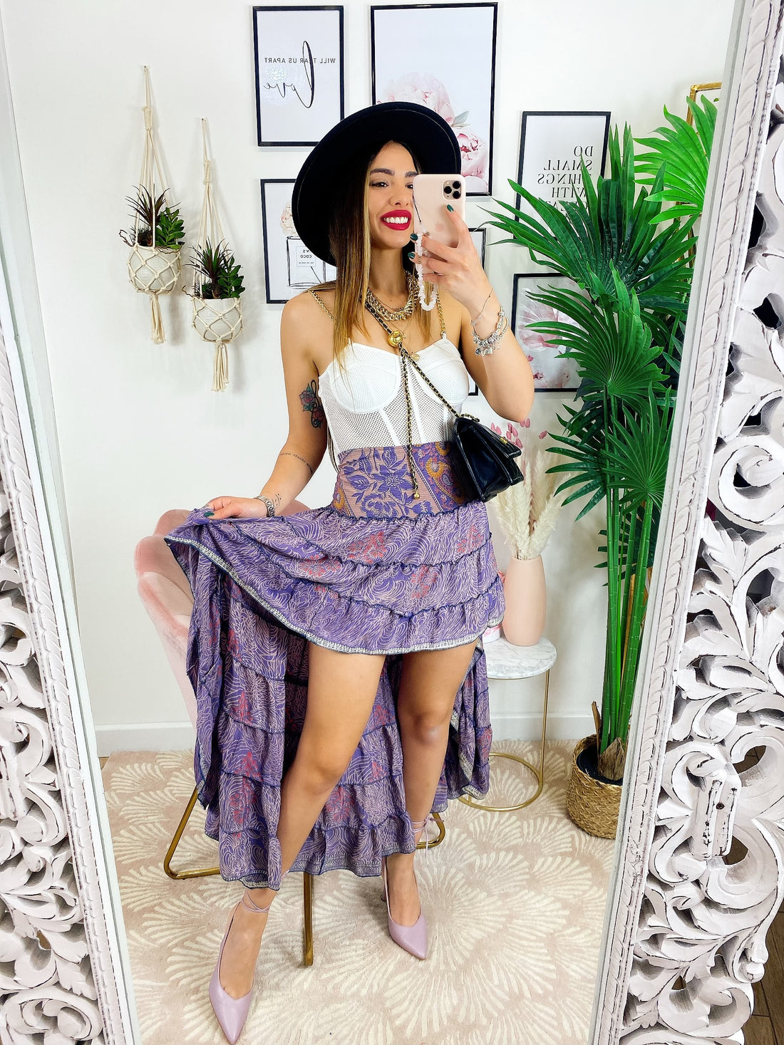 Gonna asimmetrica ricami e fiori lilla - R.a. Boutique 