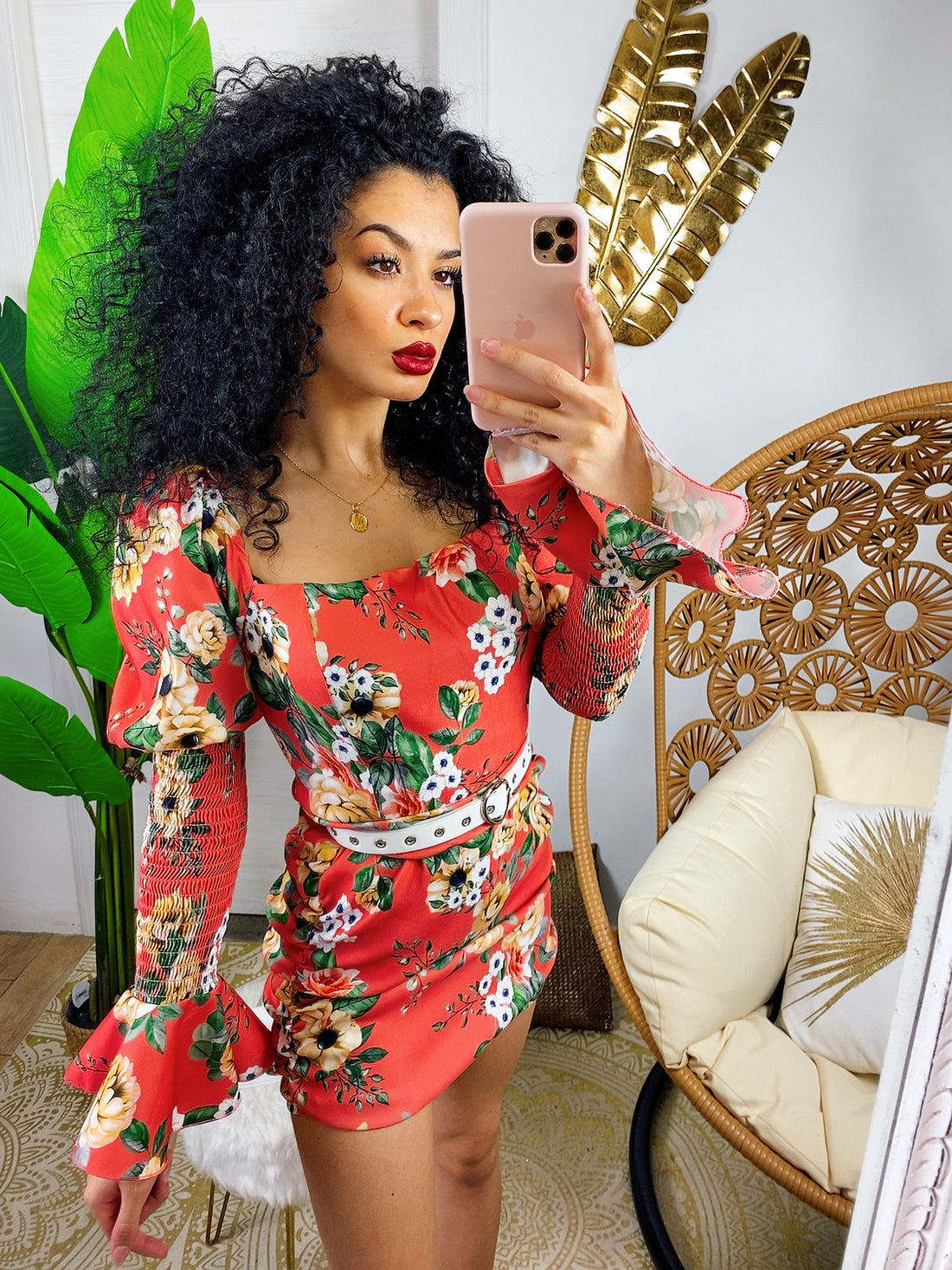 Tubino con fiori aranciati manica bombata - R.a. Boutique 