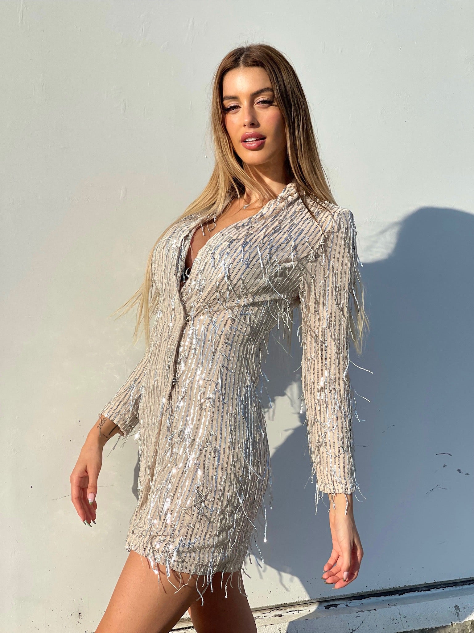 Abito nude frange in paillettes argento - R.a. Boutique 