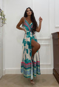 Abito in raso con maxi spacco fiori Verdeacqua - R.a. Boutique 