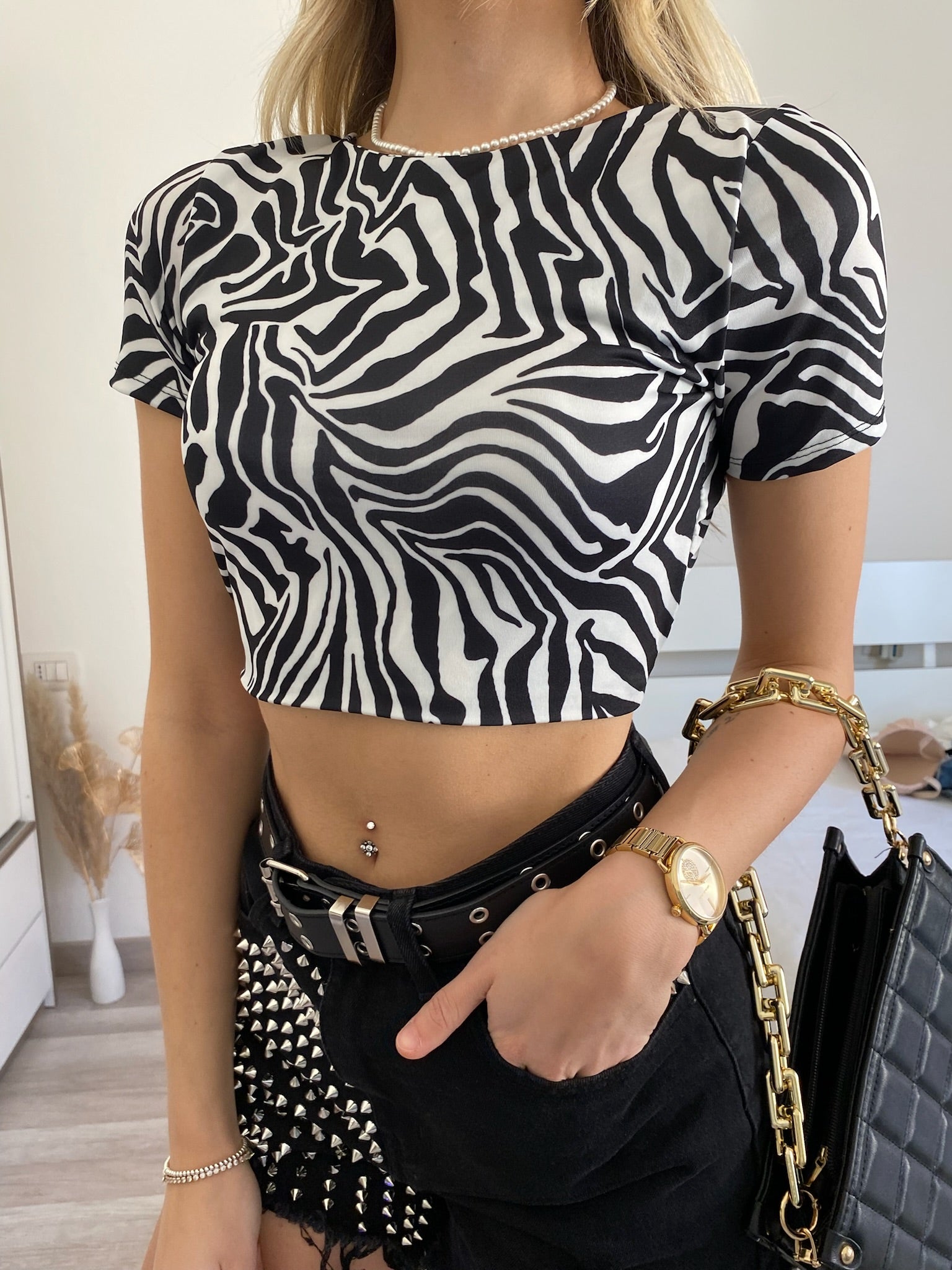 Crop top zebrato manica corta - R.a. Boutique 