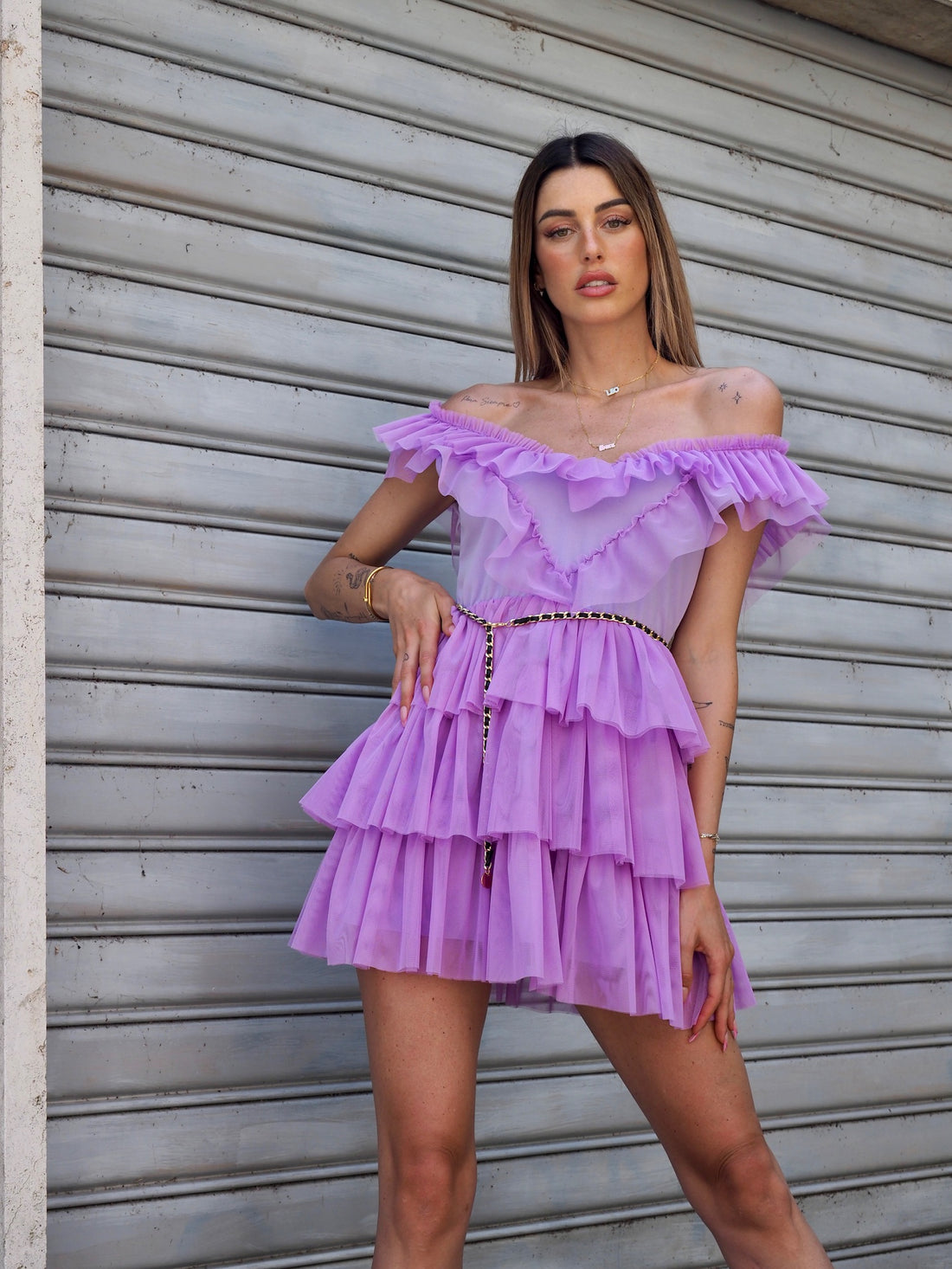 Abito a balze in tulle lilla - R.a. Boutique 