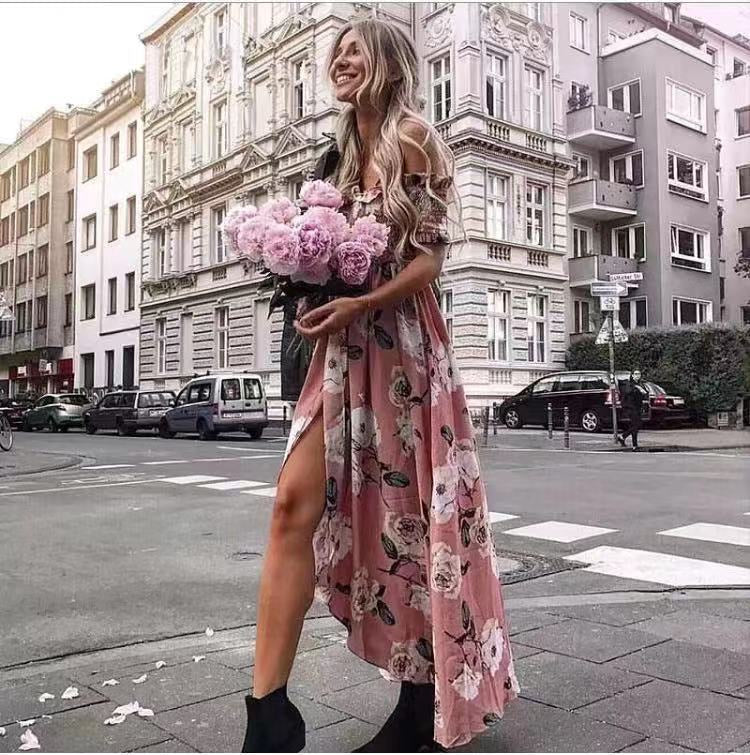 Abito lungo con scollo a barchetta a fiori rosa - R.a. Boutique 