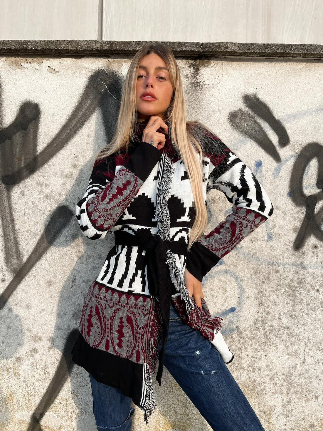 Cardigan Black/Bordeaux con frange e cinta - R.a. Boutique 