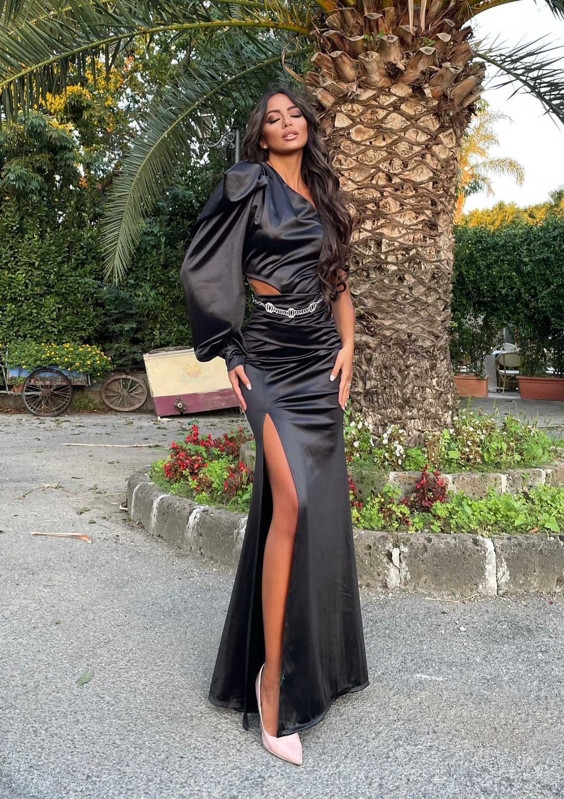 Abito in raso monospalla nero - R.a. Boutique 