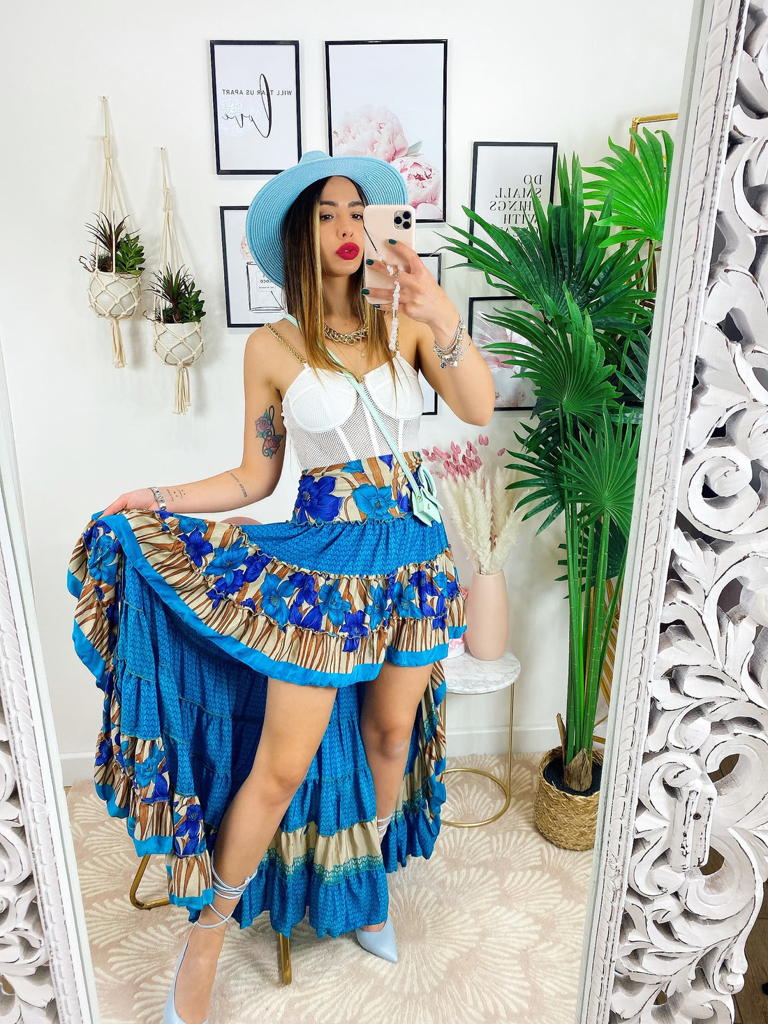 Gonna asimmetrica azzurra fiori blu - R.a. Boutique 