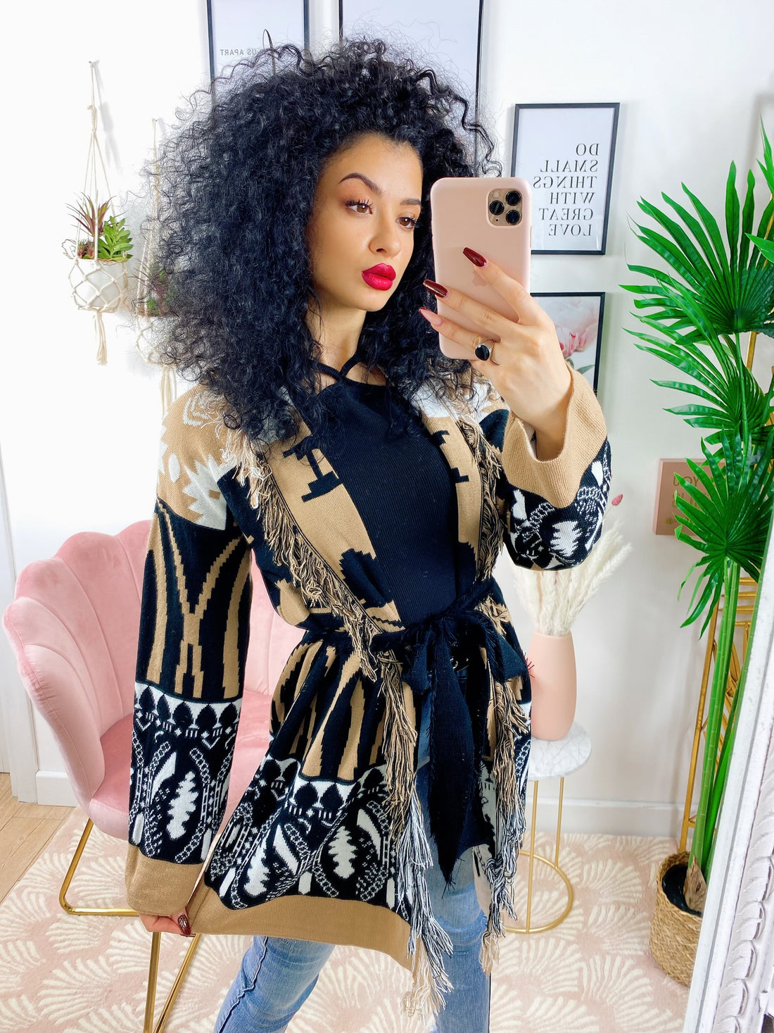 Cardigan frange e cinta beige e Black - R.a. Boutique 