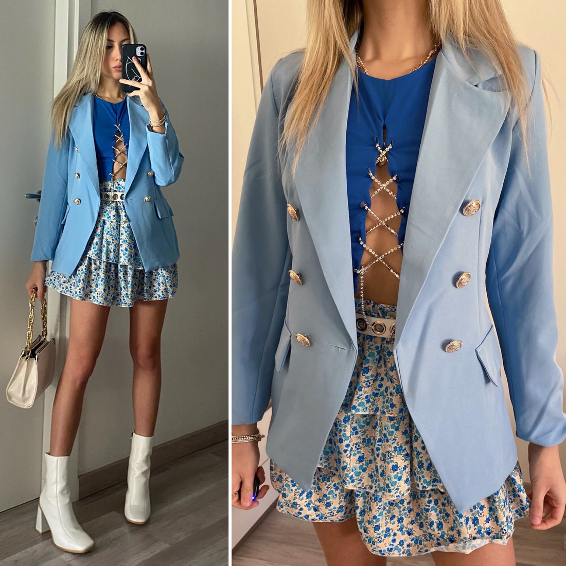 Giacca celeste con bottoni oro - R.a. Boutique 