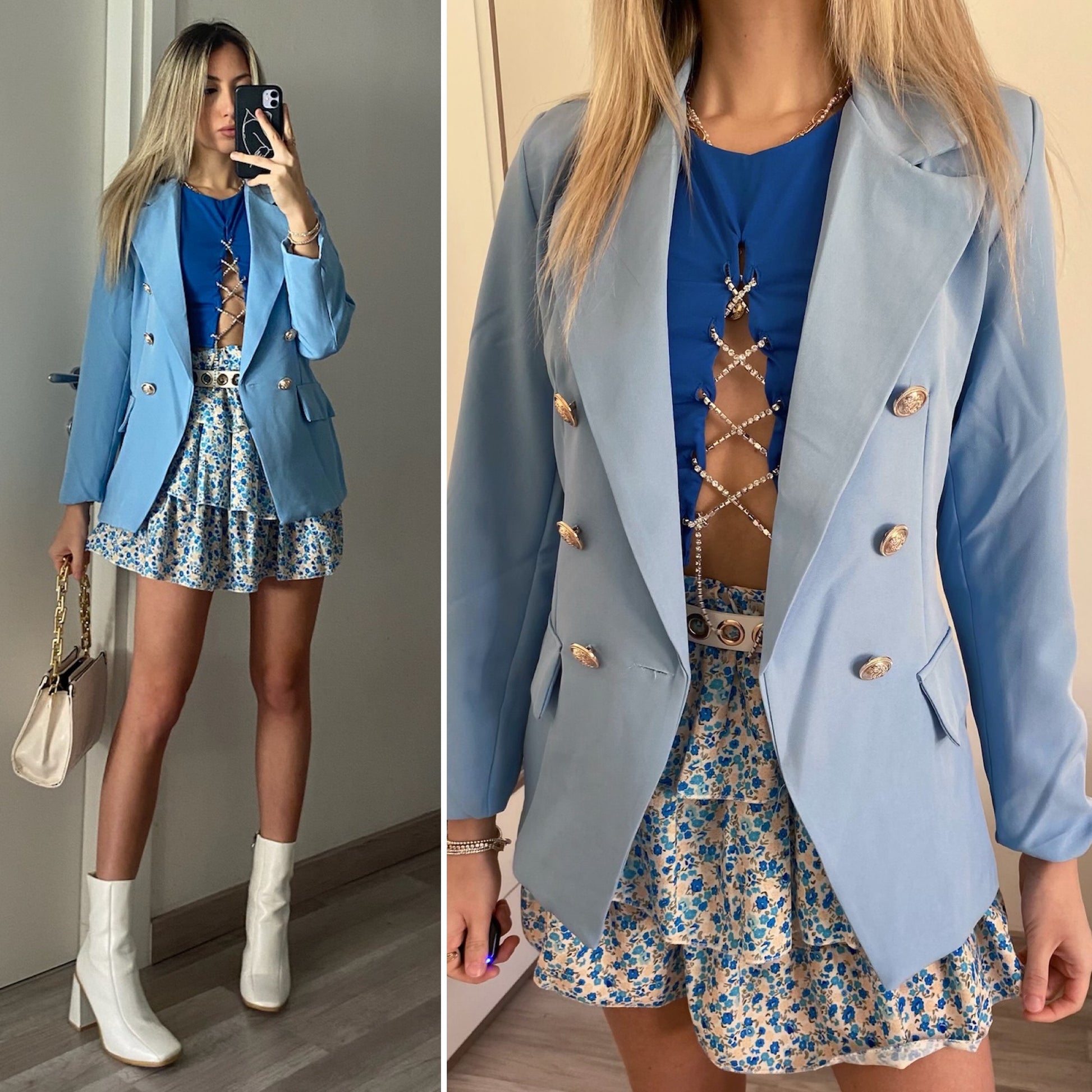 Giacca celeste con bottoni oro - R.a. Boutique 