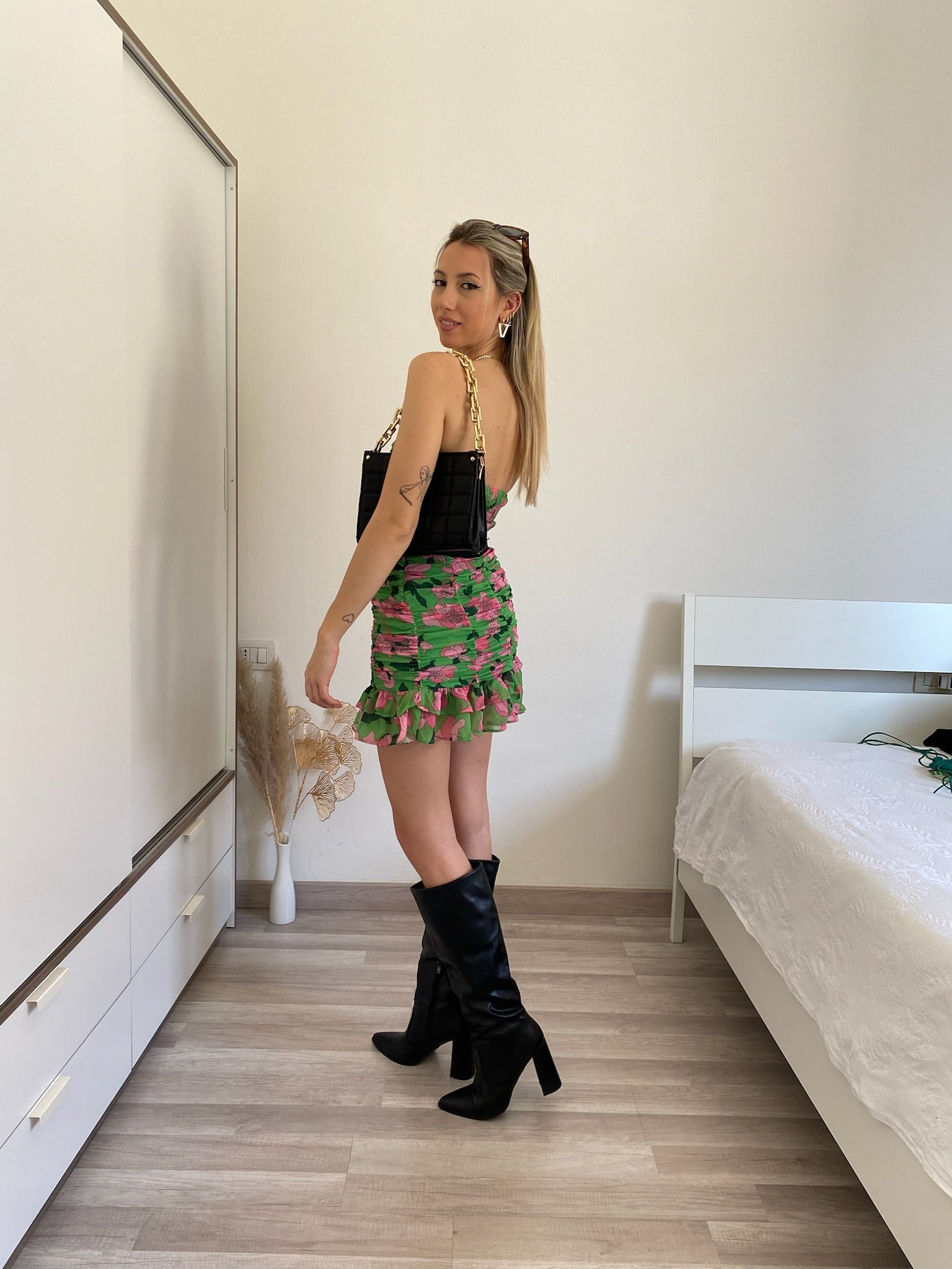 Completo top e gonna verde e rosa - R.a. Boutique 