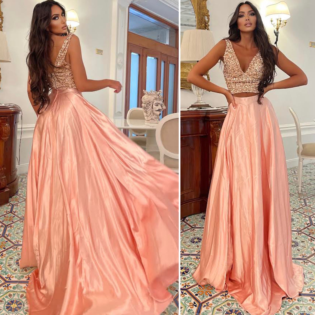 Maxi gonna in raso cipria - R.a. Boutique 