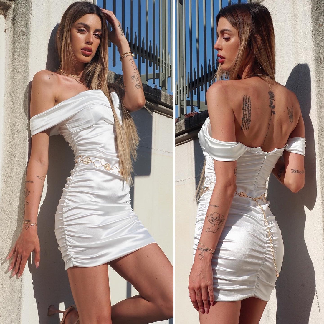 Abito in raso bianco scollo a barca - R.a. Boutique 