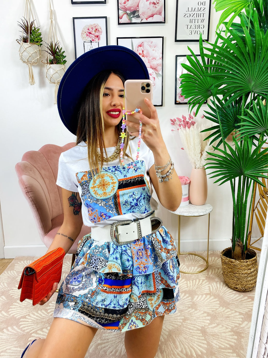 Completo etnico gonna e t-shirt base celeste - R.a. Boutique 