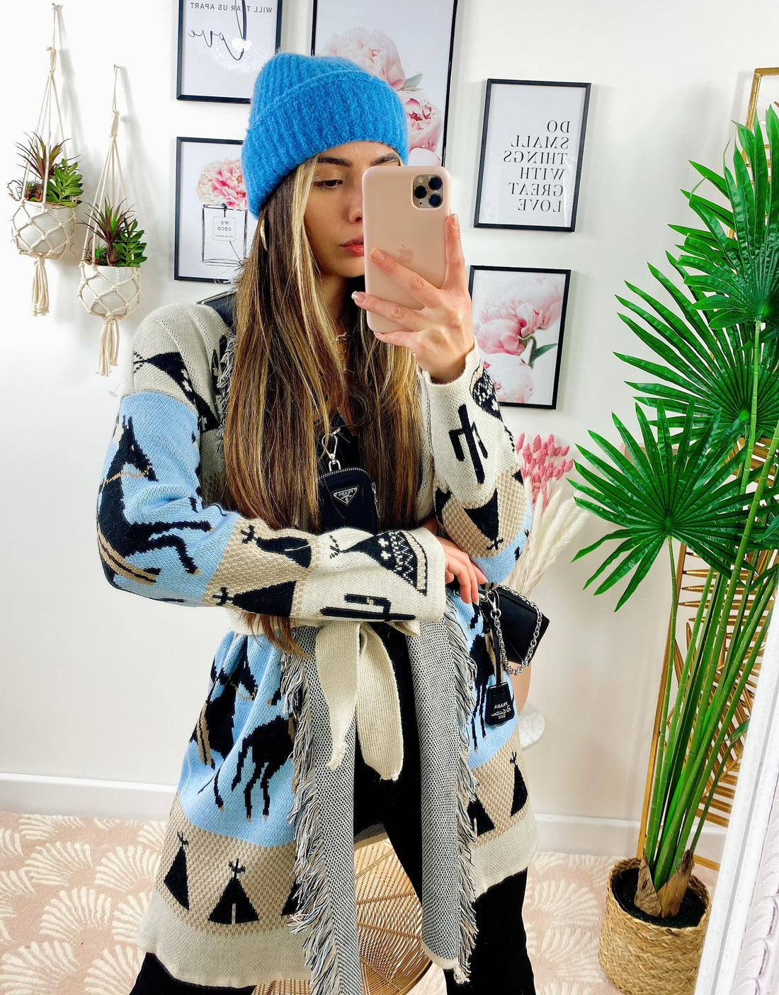 Cardigan frange e cinta con cavallo celeste - R.a. Boutique 